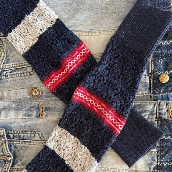 Desigual Light-Wash Denim Jacket with Navy & White Striped Knit Sleeves - Picture 7 of 10